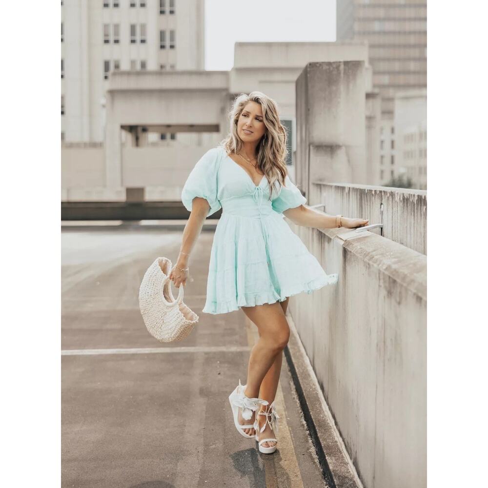 NWT Free People Perfect Day Mini Dress Sz M Smocked Puff Sleeves Mint Green NEW